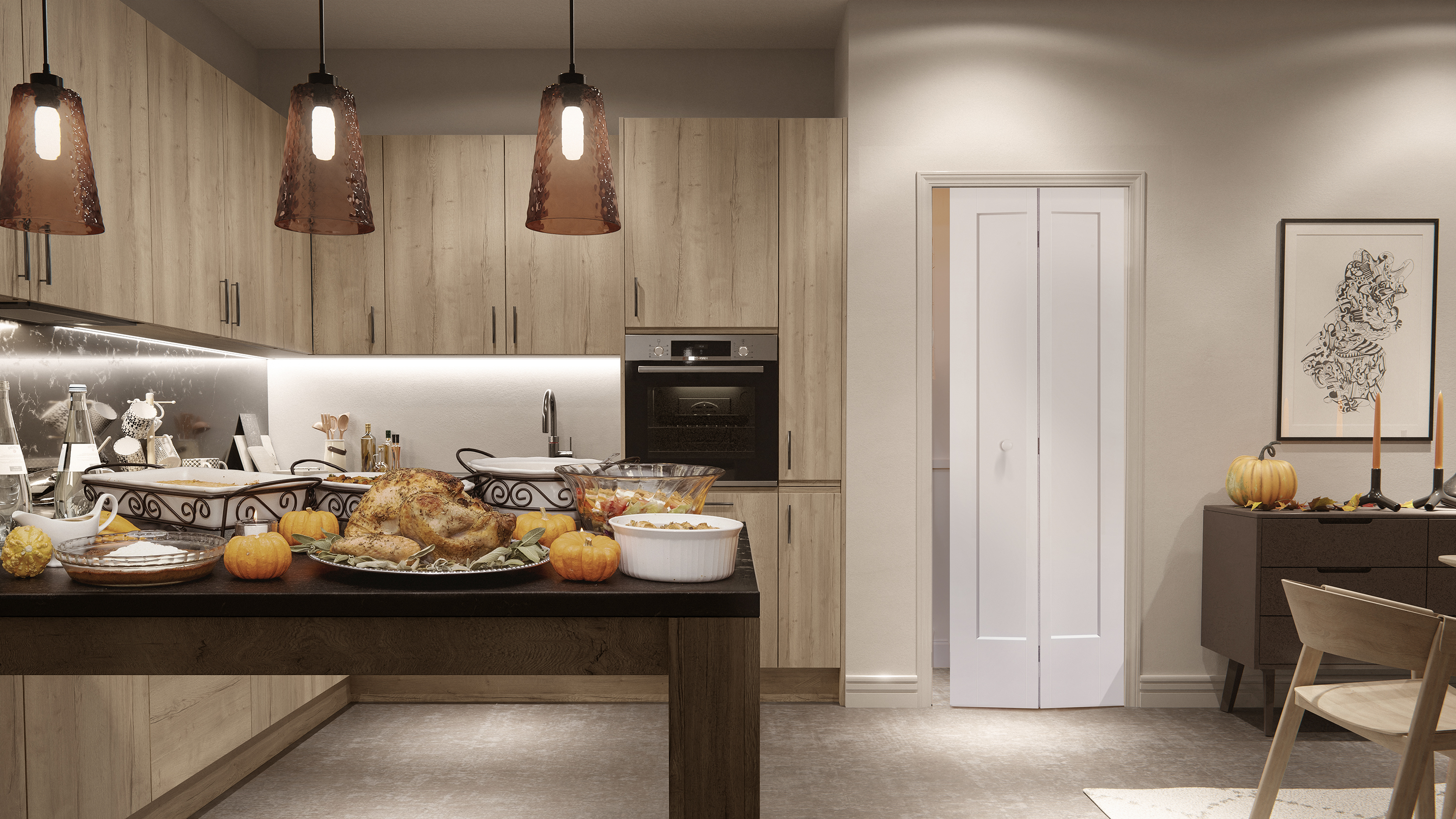 A modern kitchen with wood-stained cabinets, a spread of food that includes a large turkey, and a white bifold pantry door