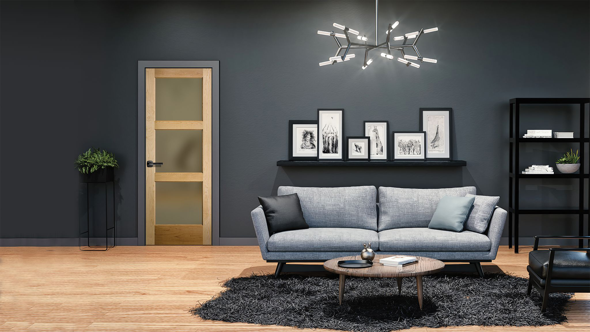 A transitional-style living room with black walls, gray furniture, an open shelve with black and white paintings, and a wood three equal lite door with a black frame